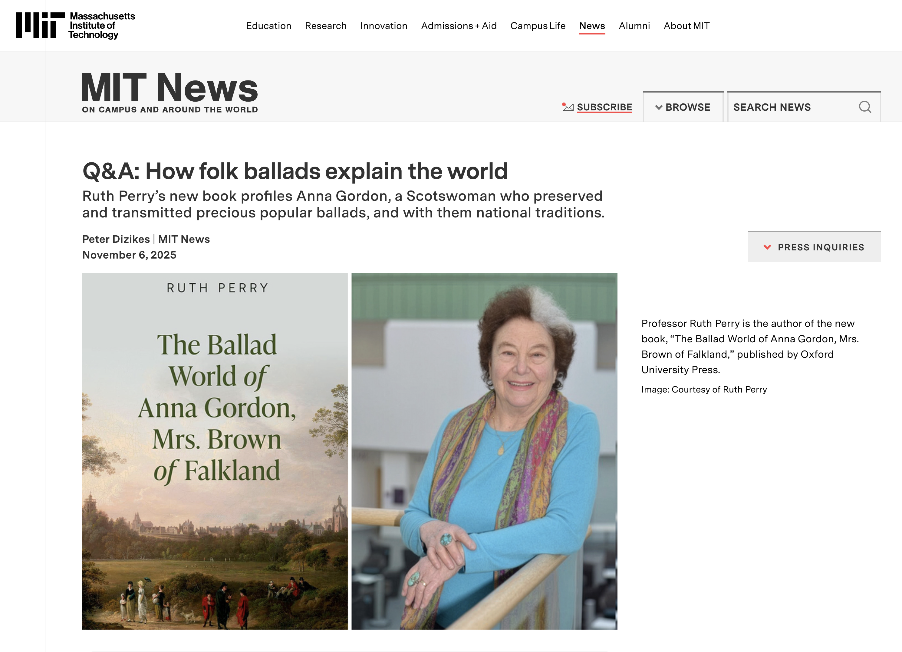 MIT News | Ruth Perry Q&A: How folk ballads explain the world